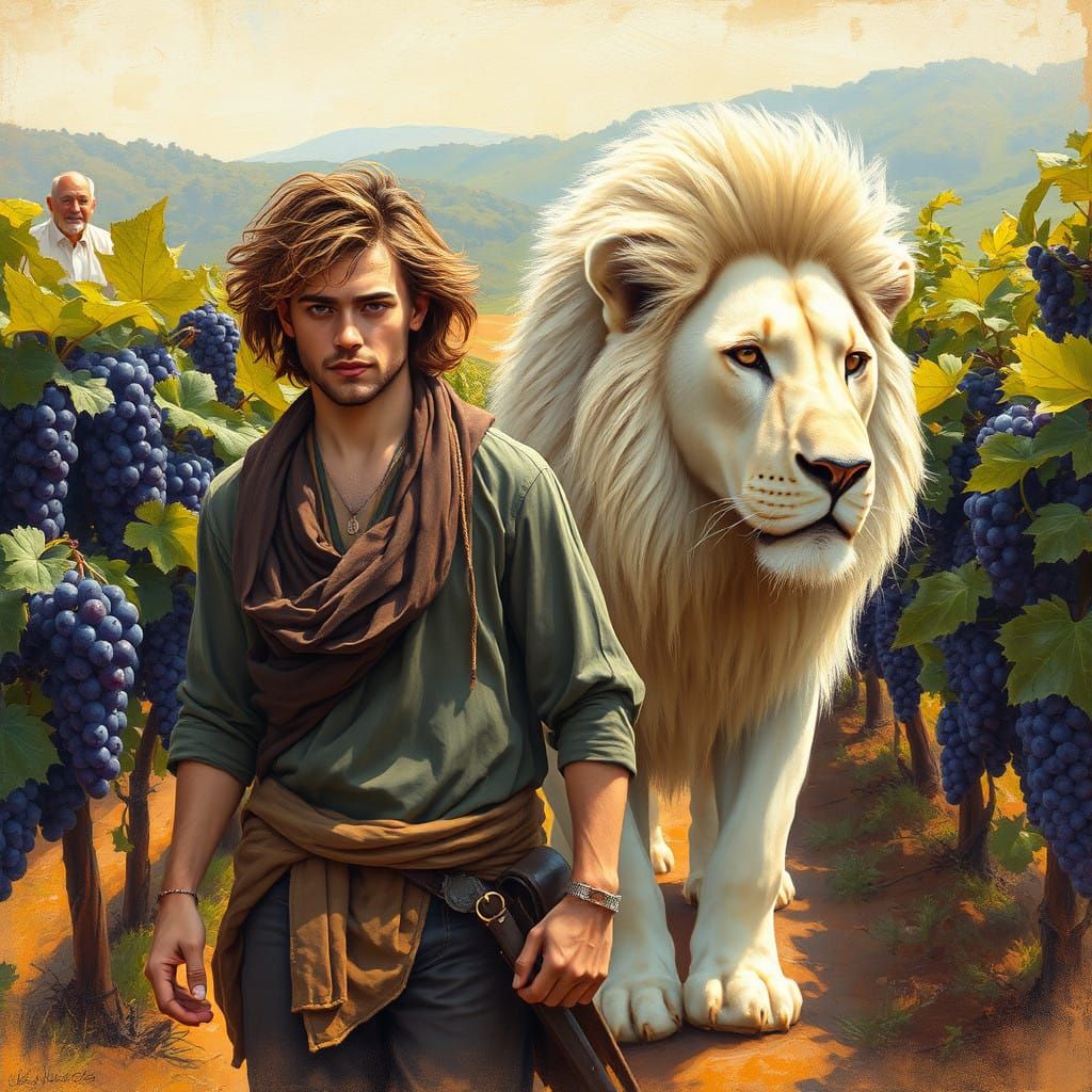 Regal Young Man Strolls with Majestic White Lion in Vibrant....