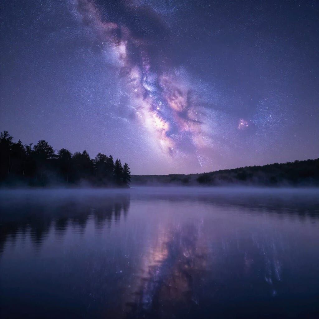Starry Night Lake Reflection in Ethereal Mist