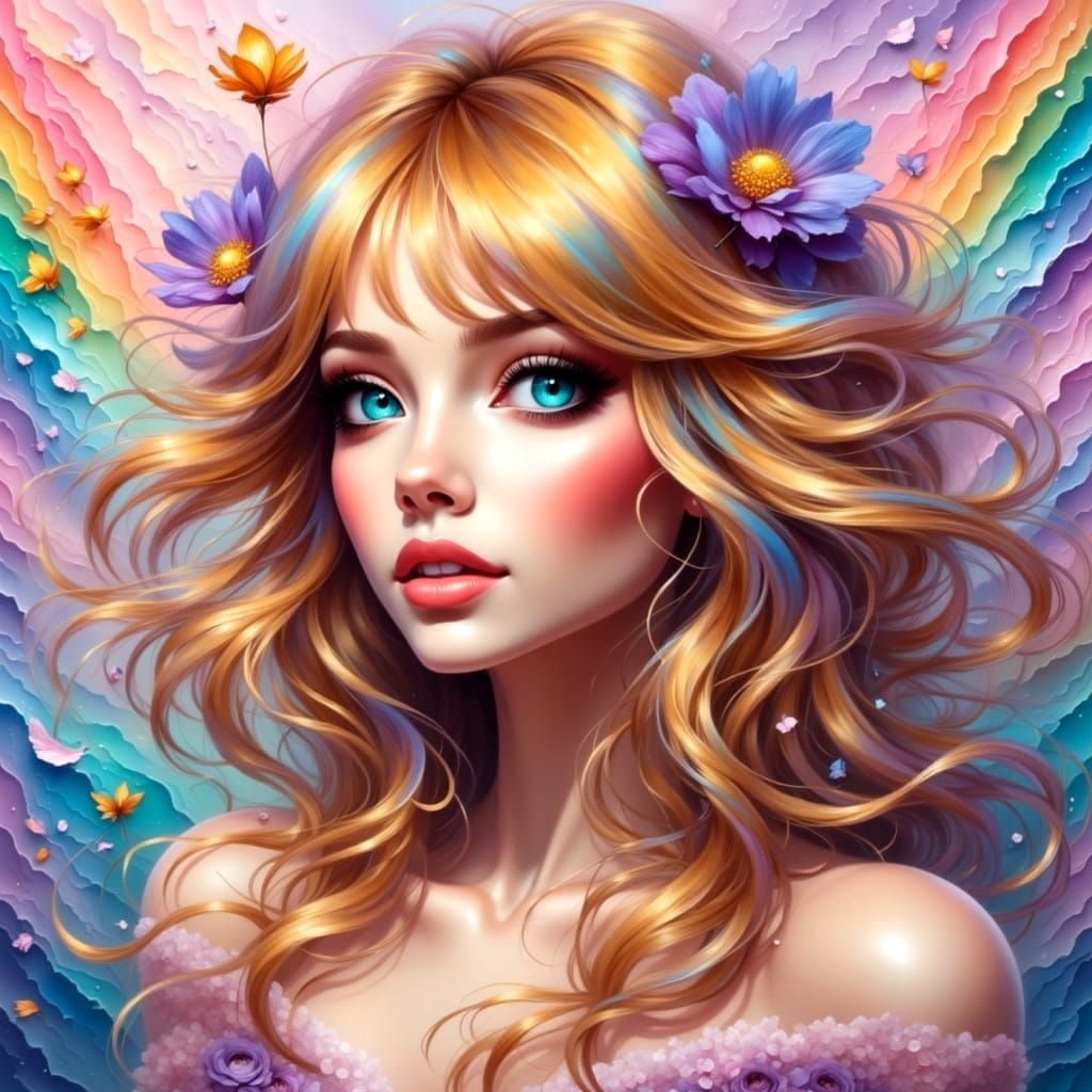 Enchanting Blond in Pastel Rainbow Bas-Relief