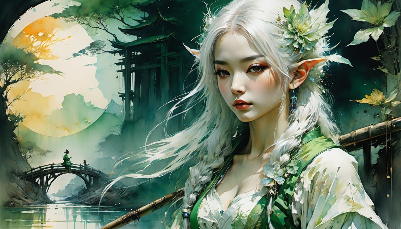Ethereal Watercolor Portrait of an Asian Elf