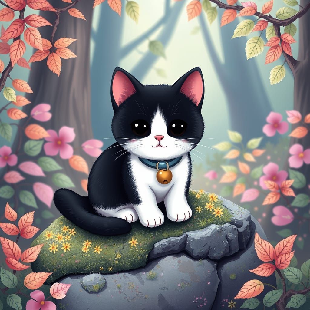 Cute Cat in Forest, Kawaii Art Style