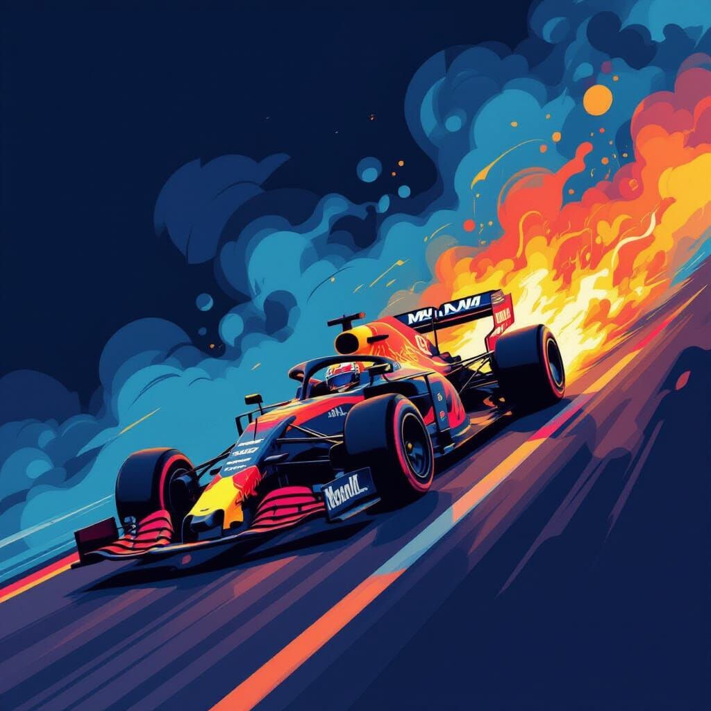 Fiery Racing Car Descending Slope: Abstract Expressionist Ar...