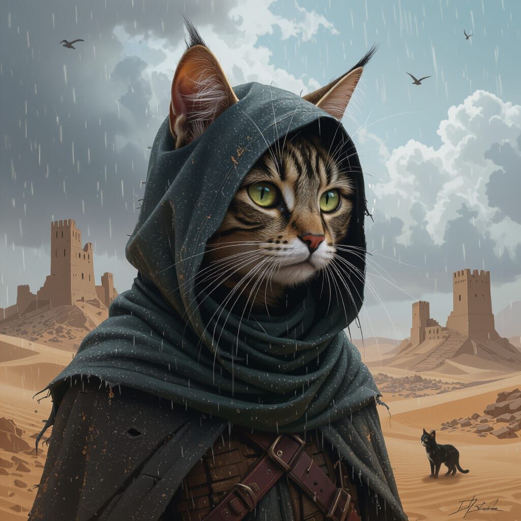 Dark Desert Landscape with Ruined Castles and Cat