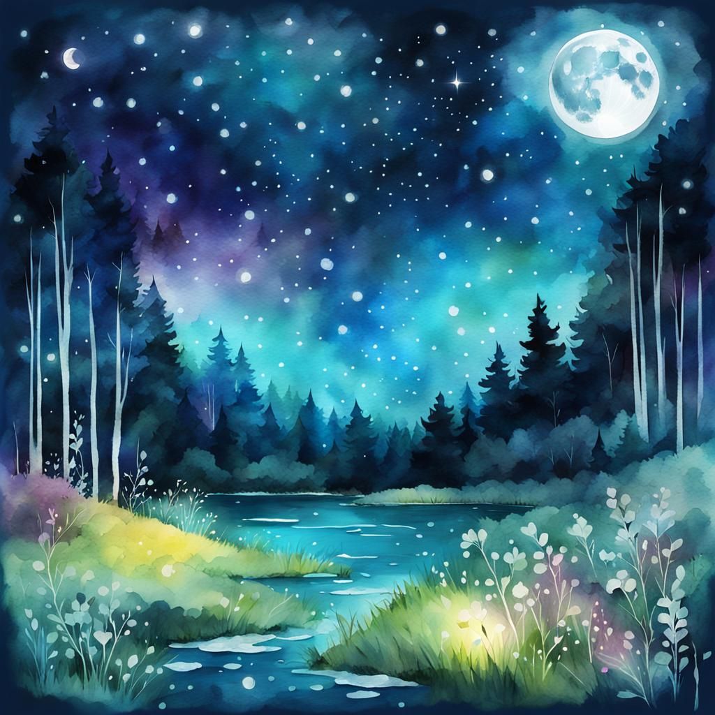Moonlit Meadow: A Digital Watercolor Constellation