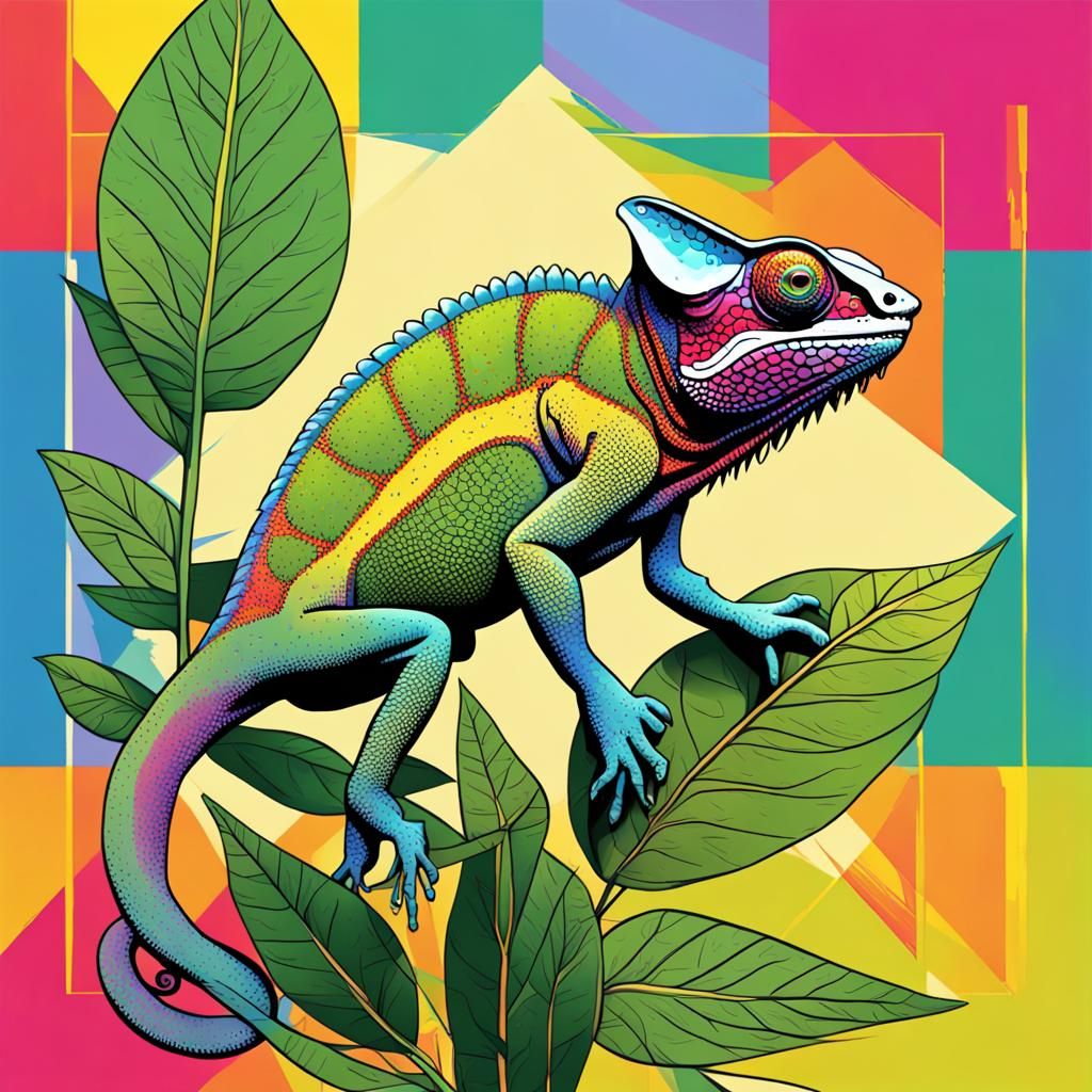 Chameleon on Plant in Pop Art Screen Print