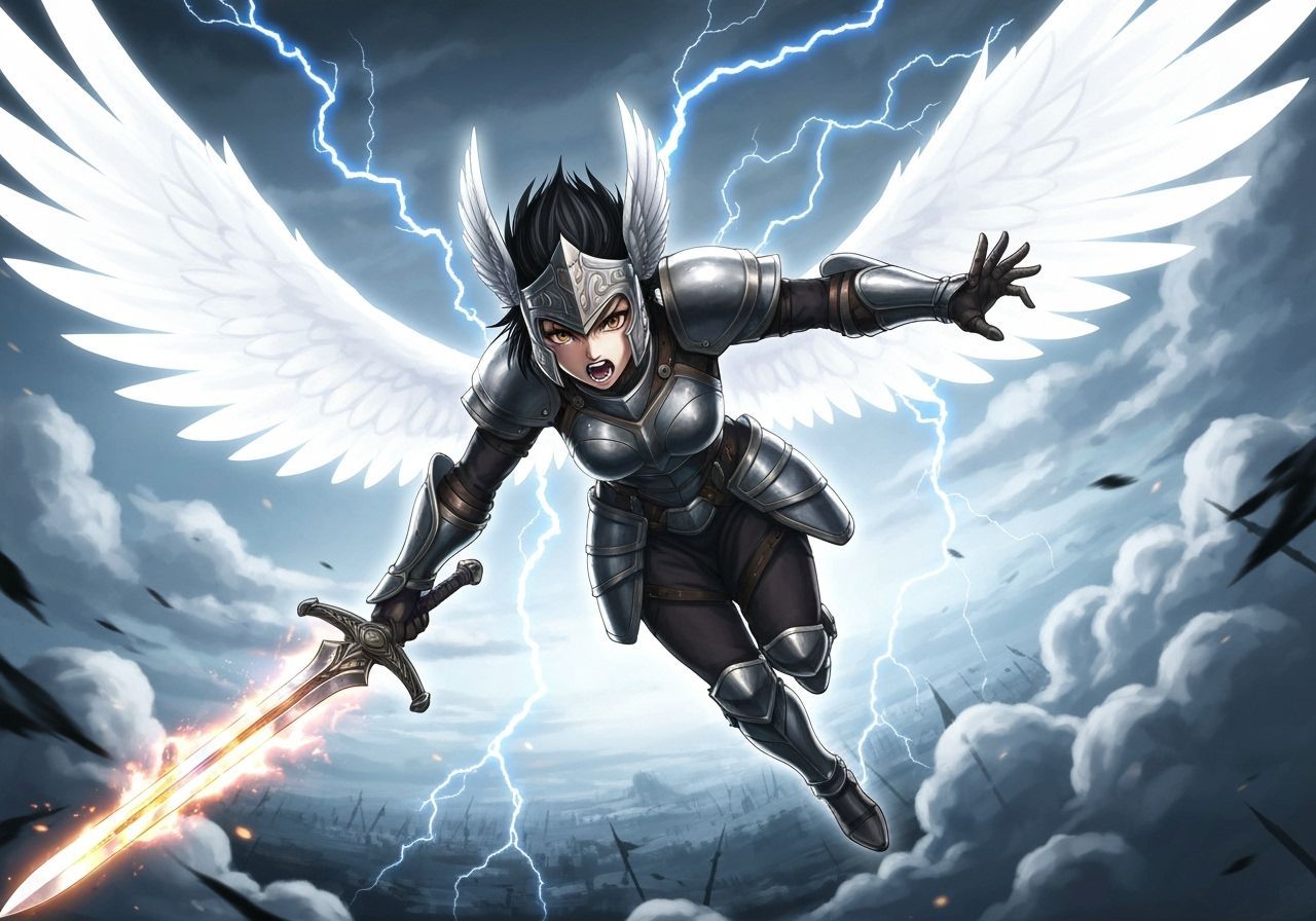 Anime Valkyrie Soaring Through Heavens in Epic Battle