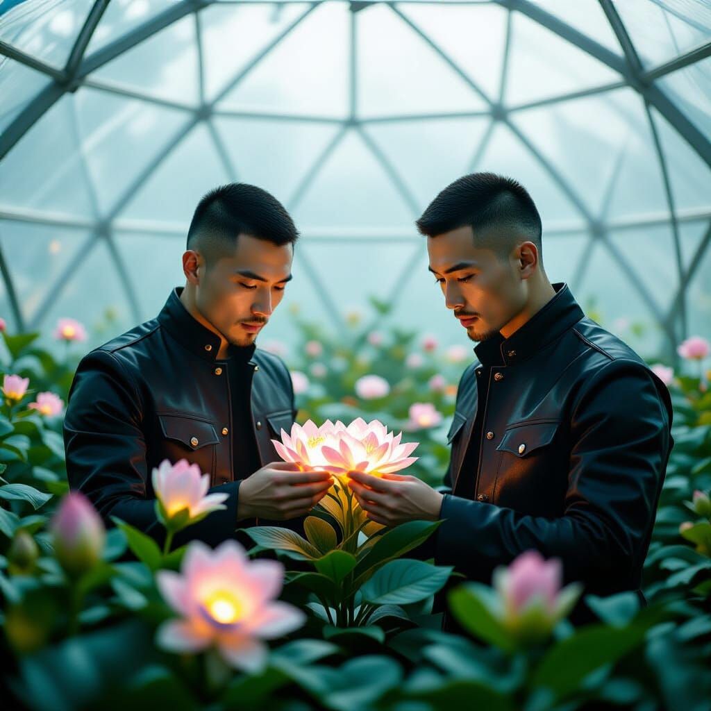Futuristic Gardeners in Geodesic Cyberpunk Dome