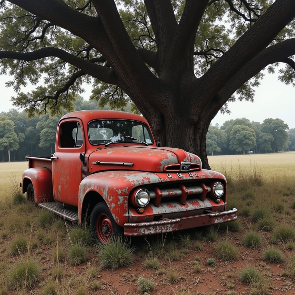 Ford Truck Underneath a Majestic Shade-Tree on a Rustic Farm