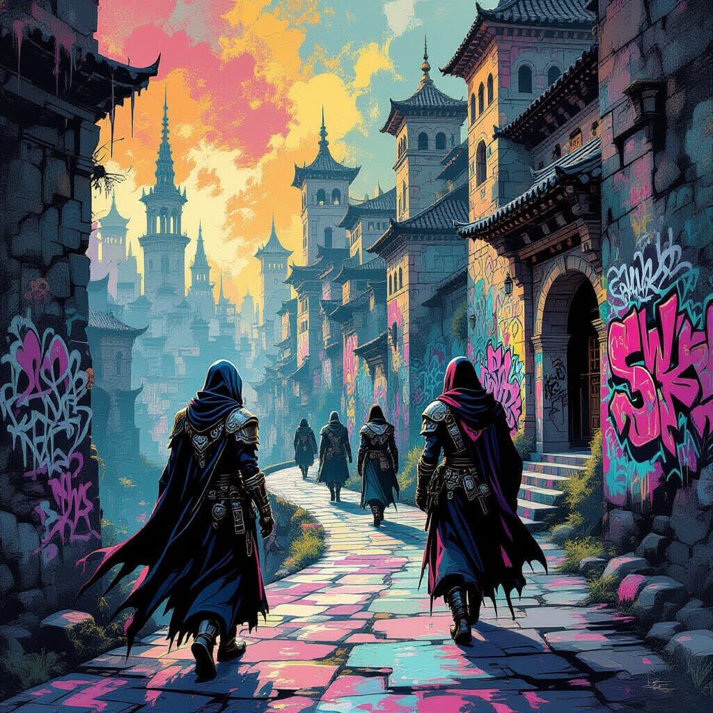 Medieval Humanoids in Polychromatic Graffiti Art Style