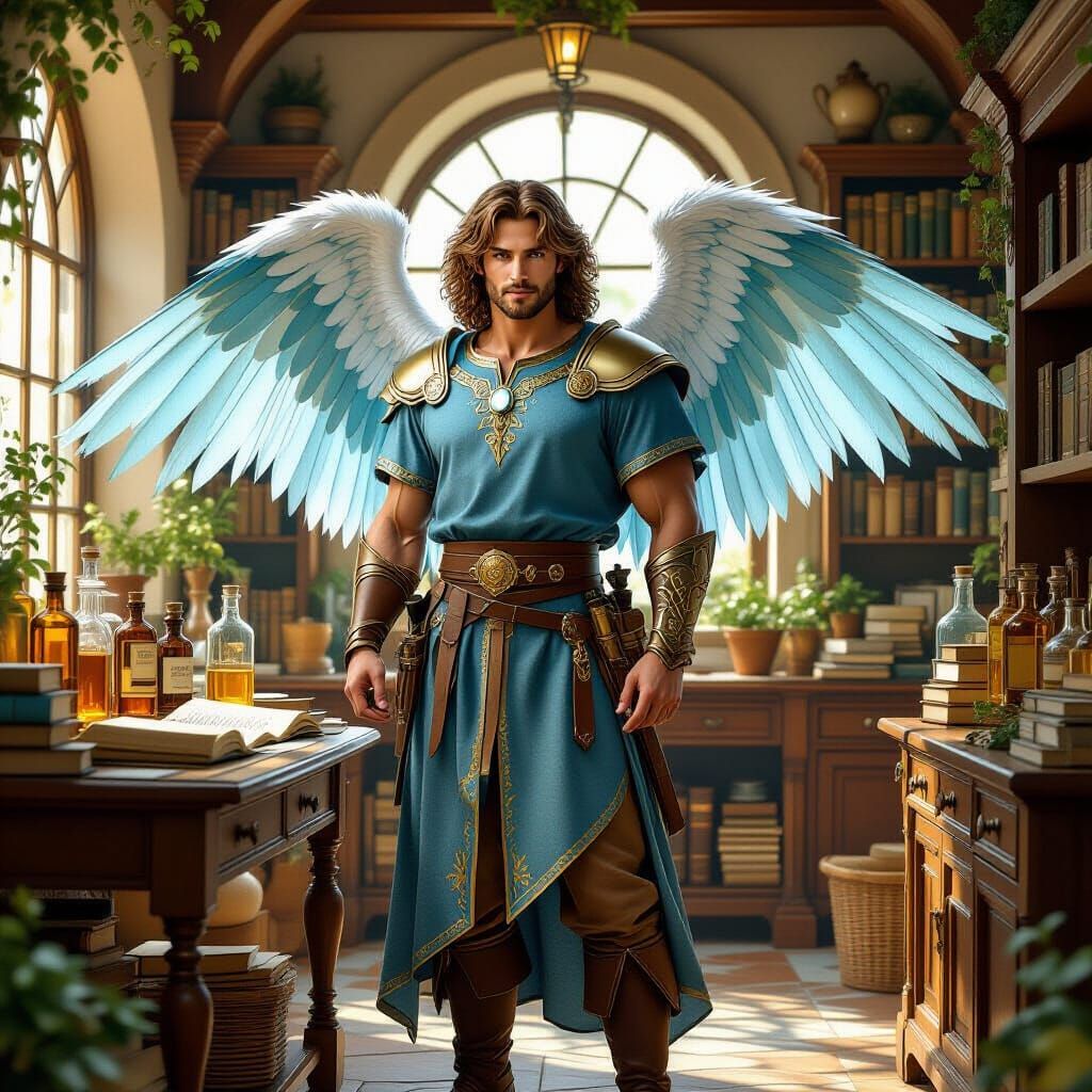 Archangel Raphael Portrait in Apothecary, Fantasy Art