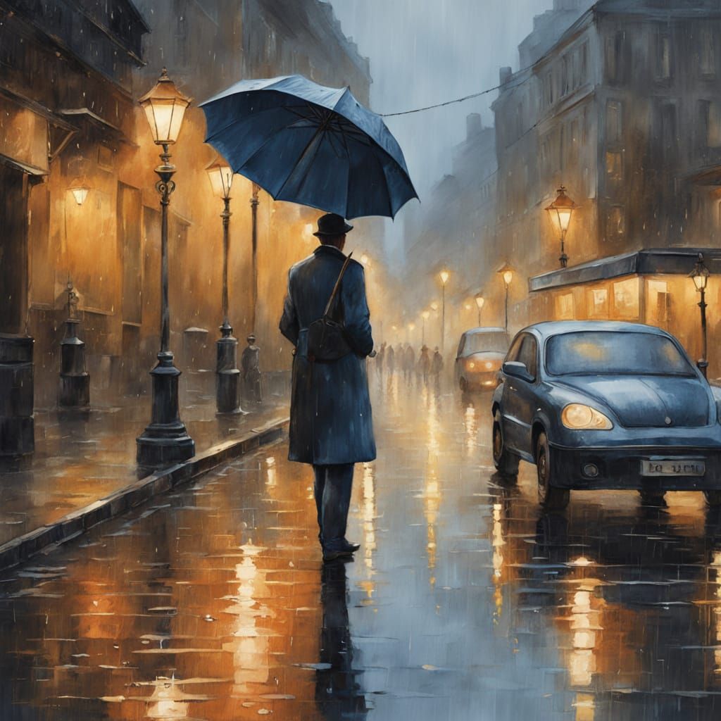 Impressionist City Street Scene with Gentle Rain