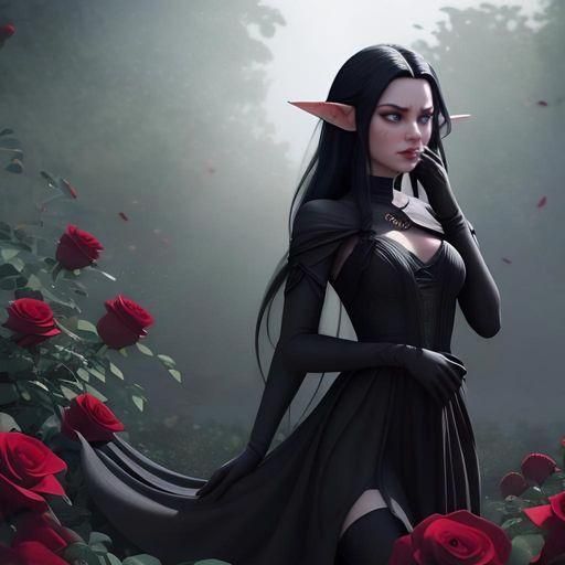 Crying Elf Maiden in Rose Garden: 3D Digital Art
