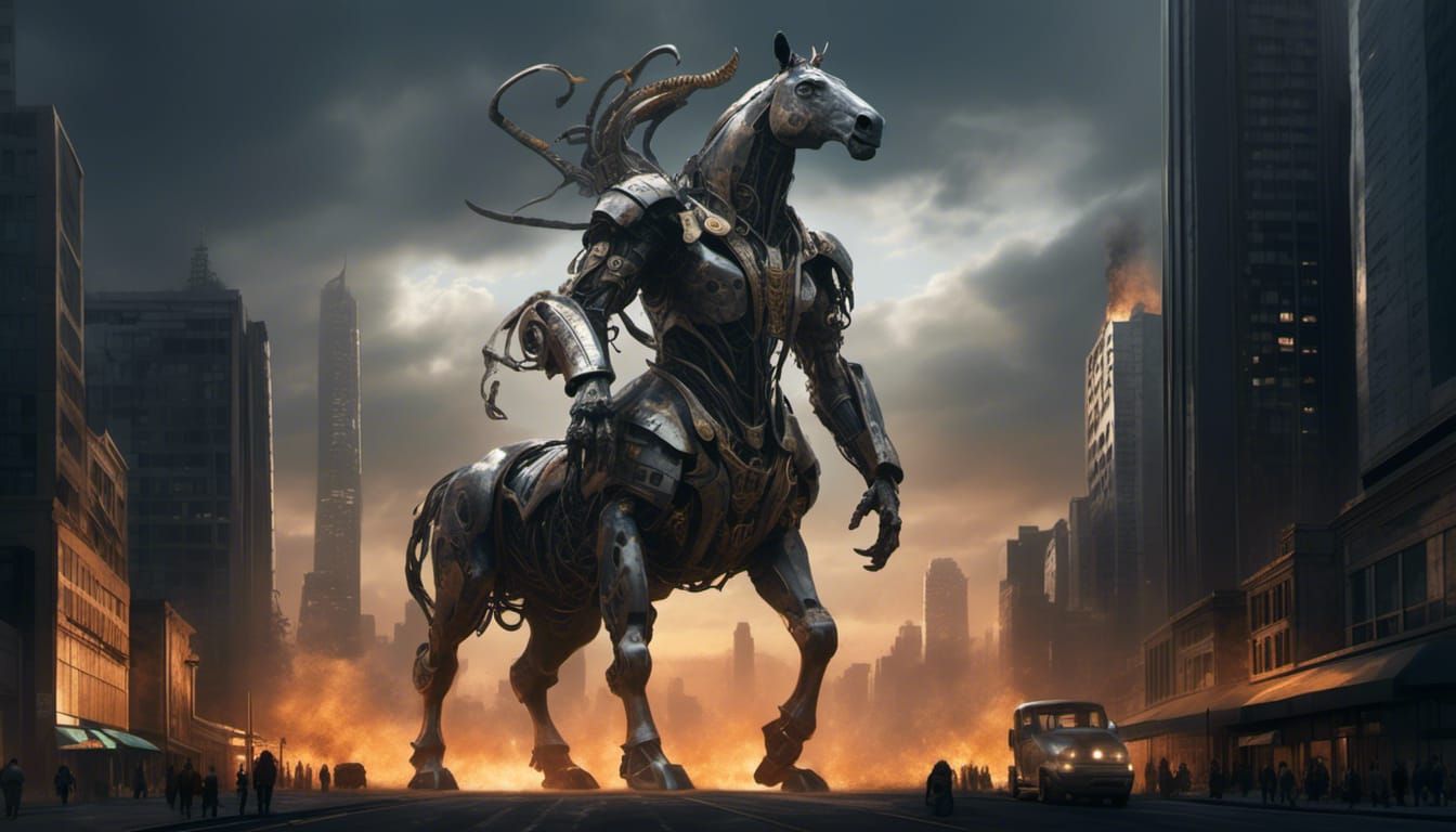 Bio-Mechanical Centaur Tramples Burning City in Steampunk St...
