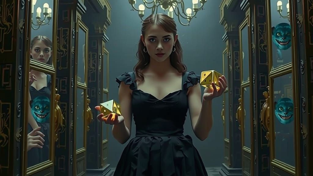 Alice in Hall of Mirrors with Cheshire Cat