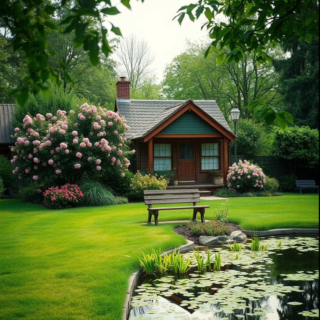 Serene Cottage Garden with Pond: Filmic Aesthetic