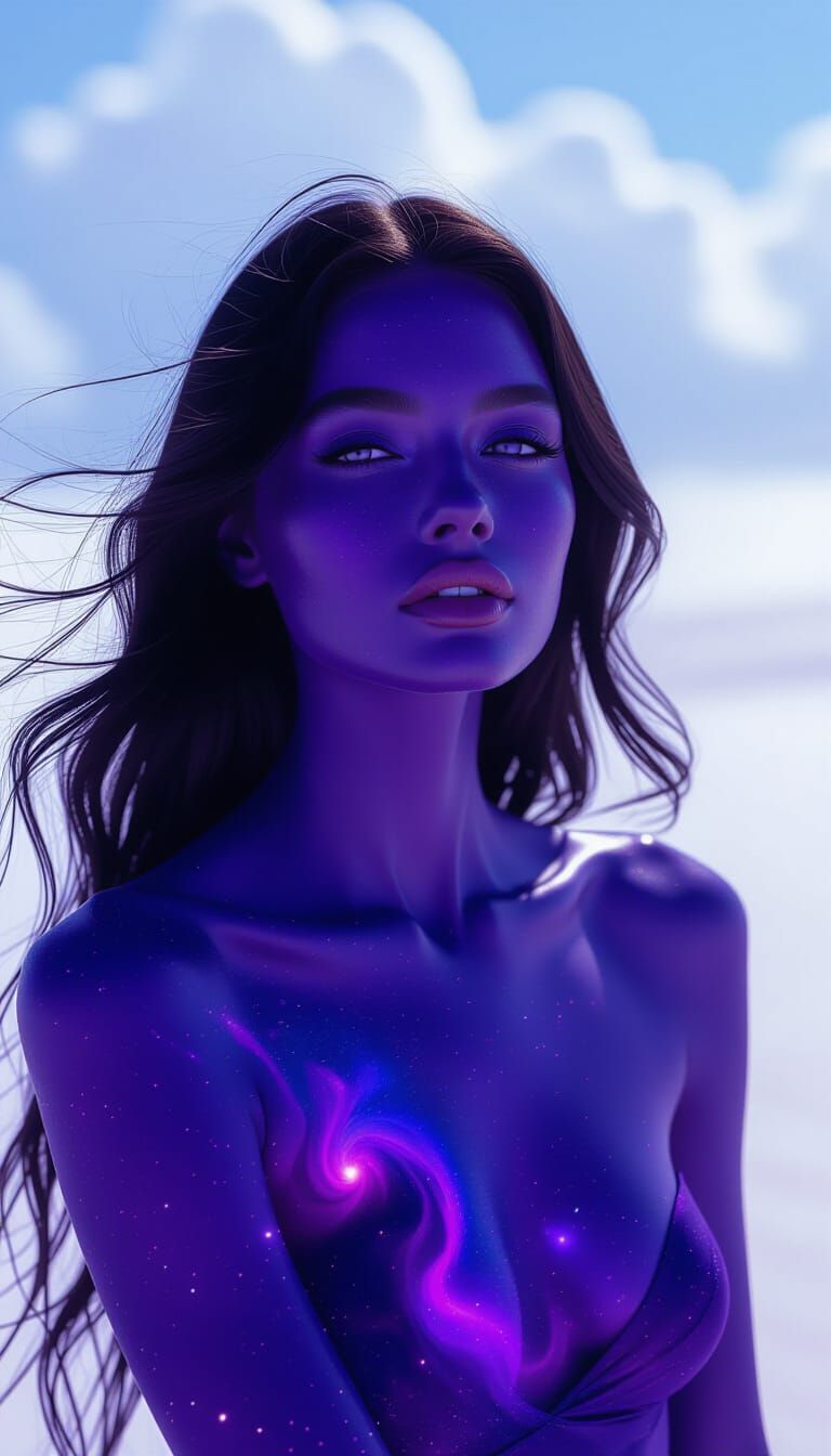Surreal Purple Woman Dissolving into Cosmic Nebulae