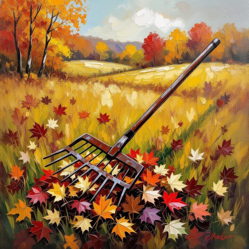 Impasto Painting Of Rusty Rake In Fall Meadow