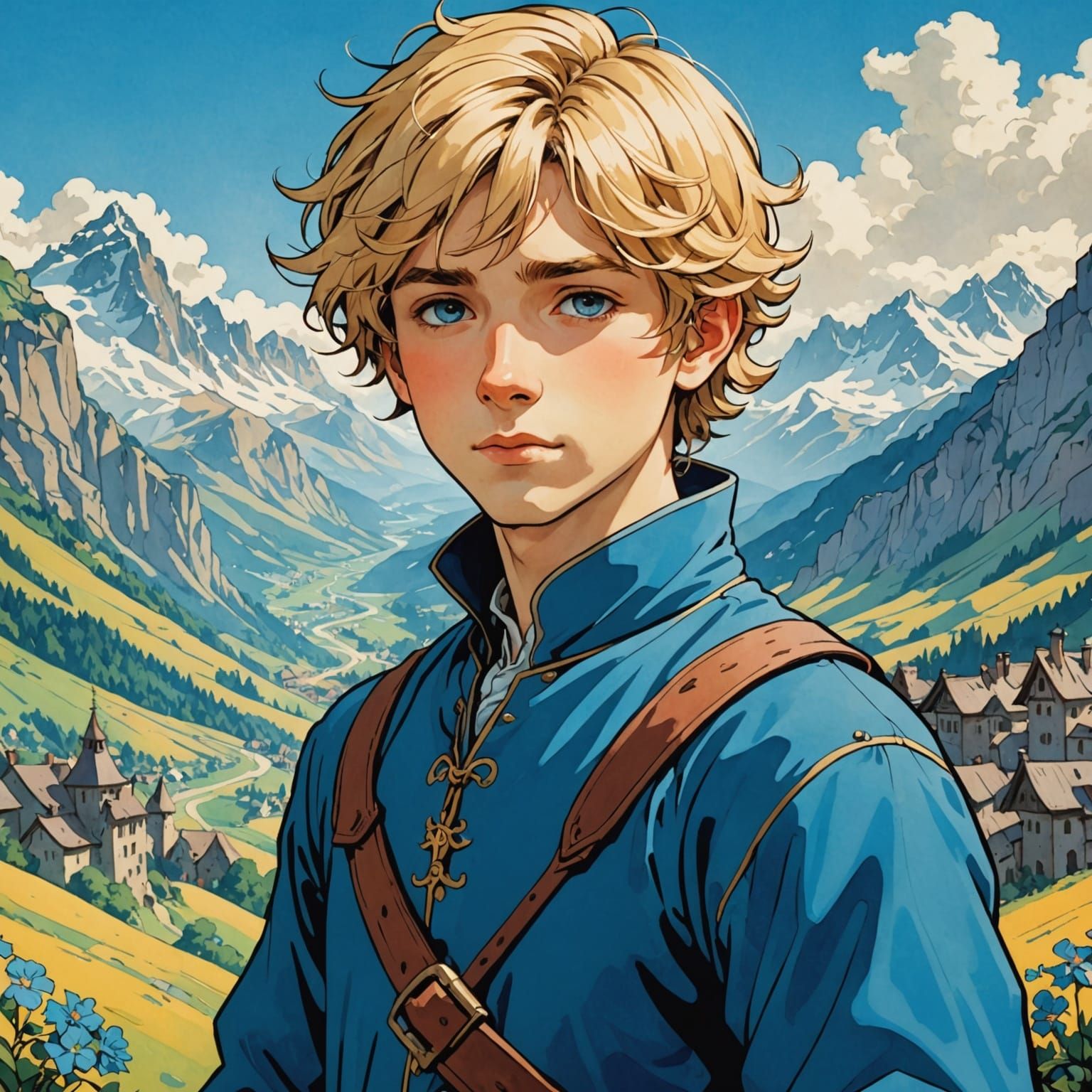 Medieval Boy Amidst Majestic Mountains