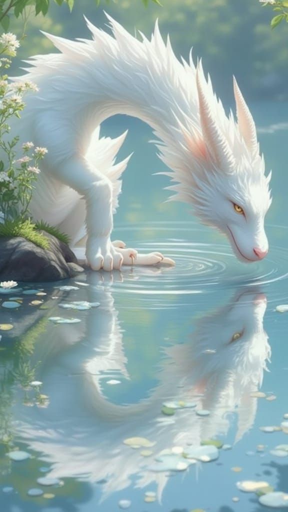 Ethereal White Dragon Amidst Serene Lake Reflections