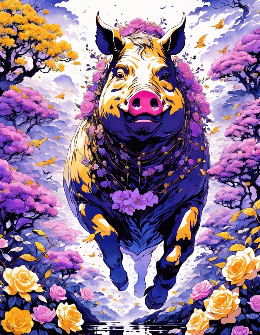 Surreal Asian Pig Goddess in Chiaroscuro Landscape