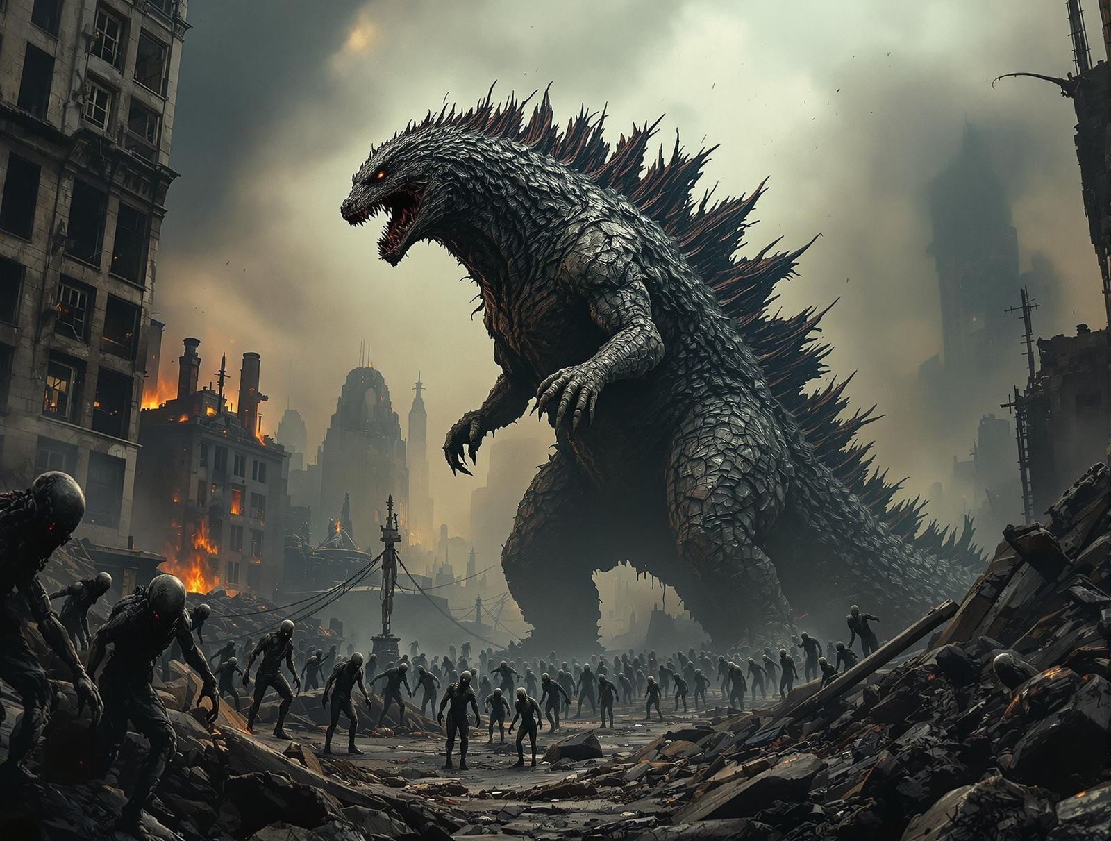 Godzilla in Zombie City: Hyperrealistic Horror Scene