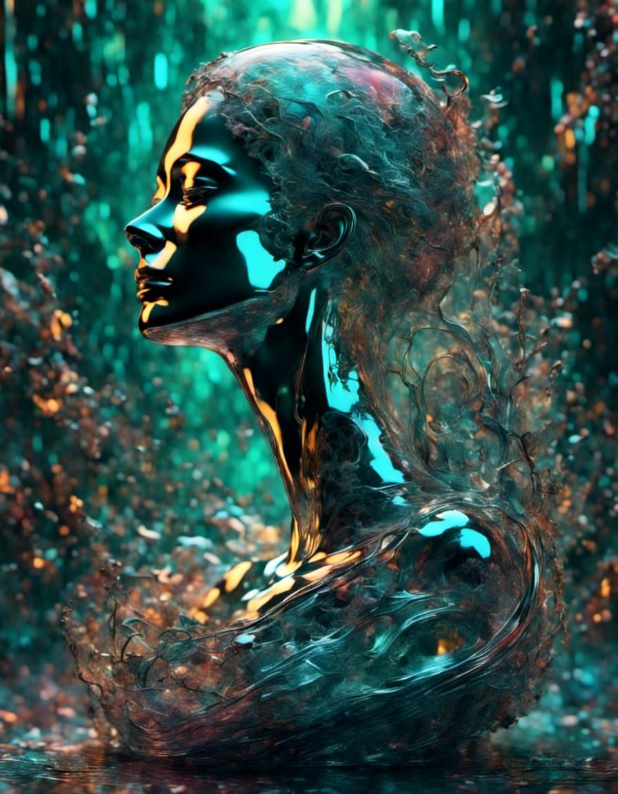 Iridescent Glass Woman Figurine in Sci-Fi Dreamscape