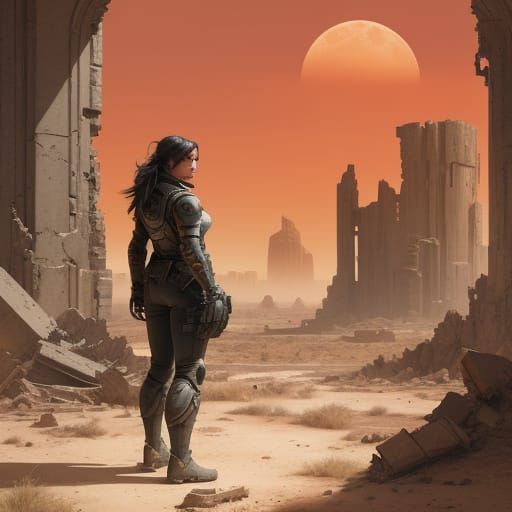 Gritty Futuristic Explorer Amidst Triple Moonlit Ruins