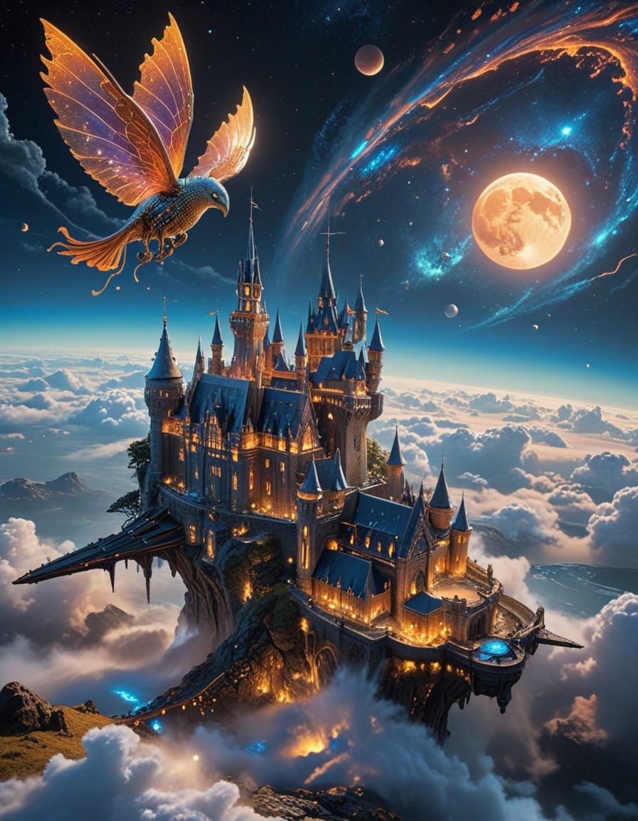 Majestic Glass Castle Rises from the Moonlit Sea in a Kaleid...