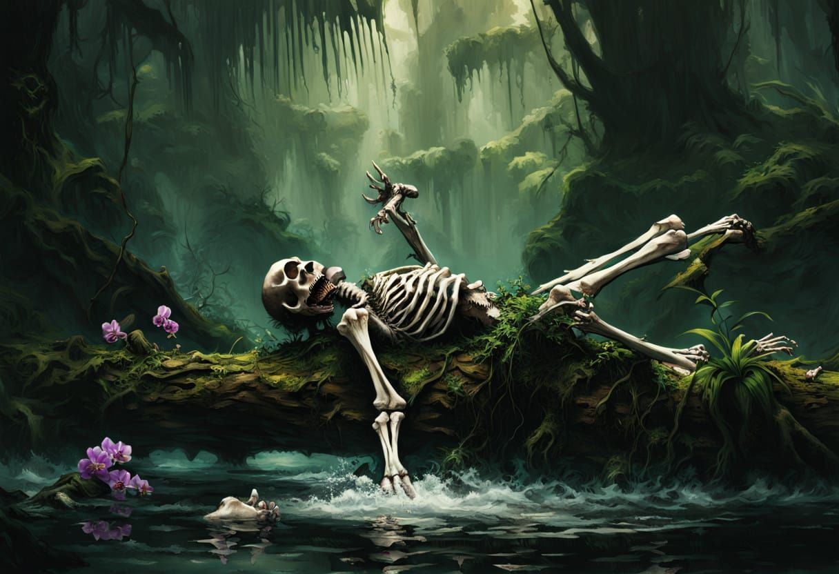 Pirate Skeleton in Jungle Swamp with Orchids