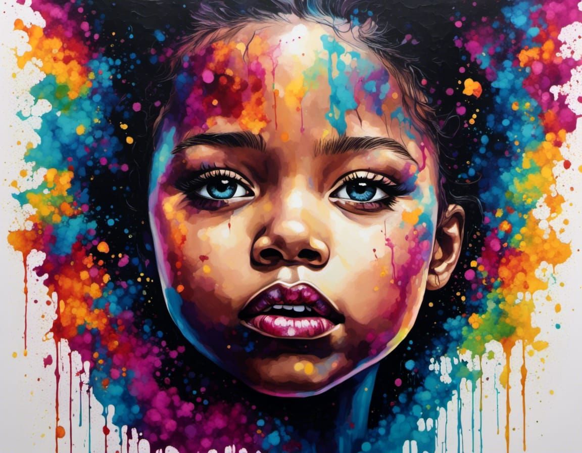 Expressive Crying Child Portrait in Ink Art Style