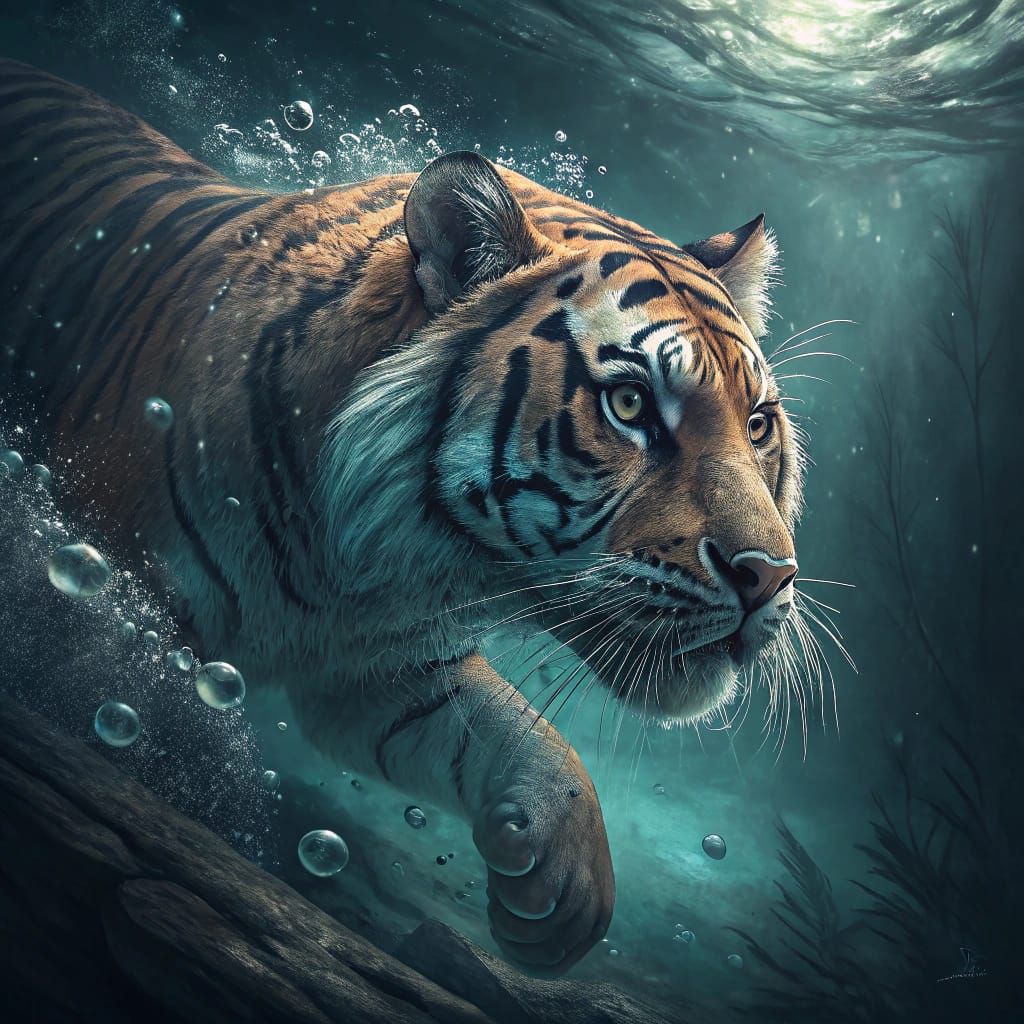 Bangladeshi Tiger Portrait in Hyperrealistic Underwater Scen...