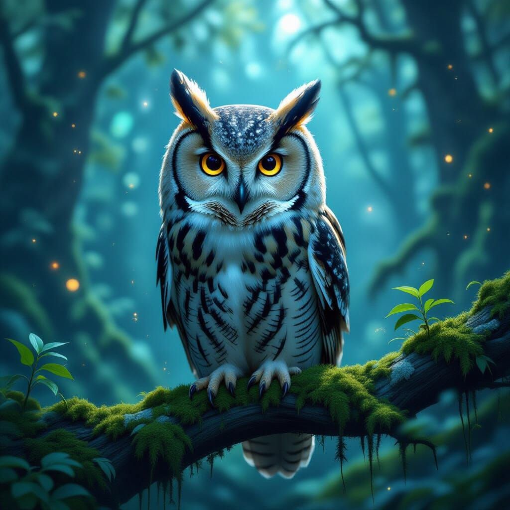 Bioluminescent Forest Owl with Galaxy Eyes