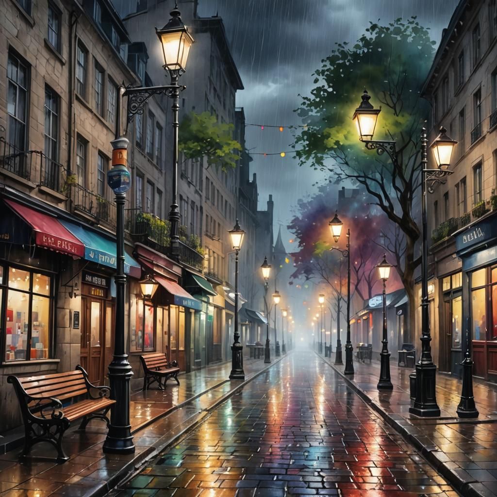 Rainy Cobbled Street with Lampposts: Watercolor Painting