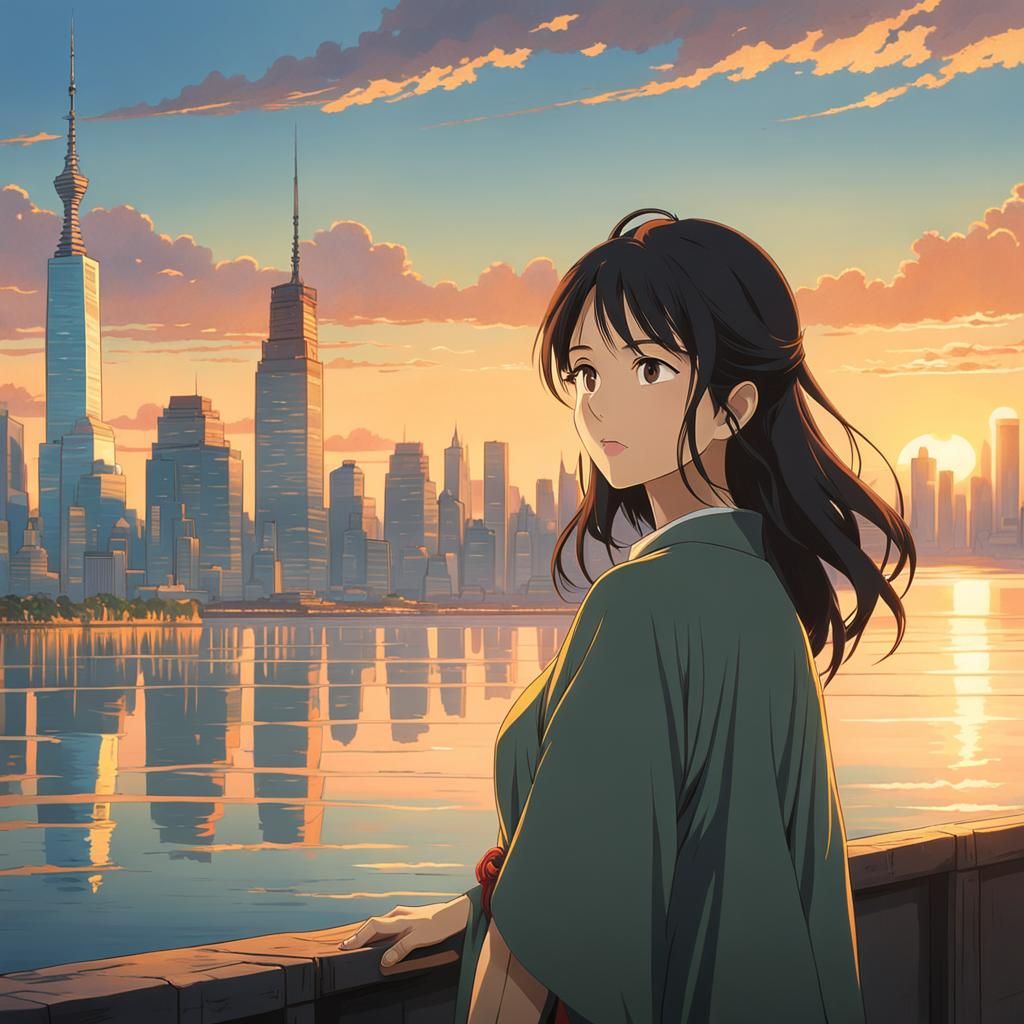 Asian Woman Portrait with Cityscape in Anime Style