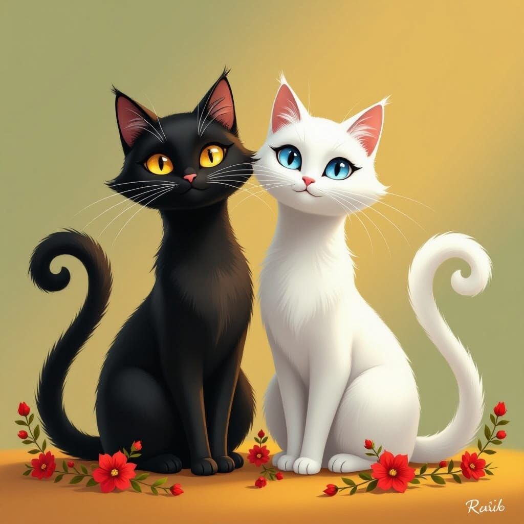 Stylized Feline Friends in Dreamy Garden