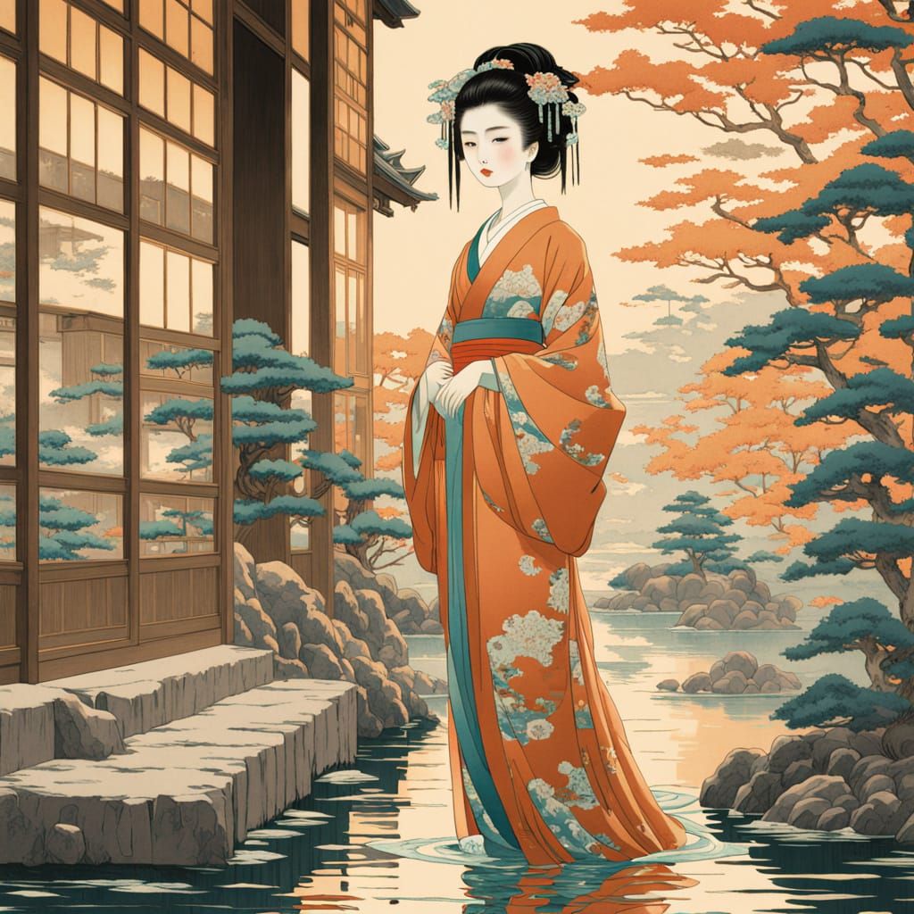Elegant Geisha in Traditional Japanese Garden, Hokusai-Inspi...