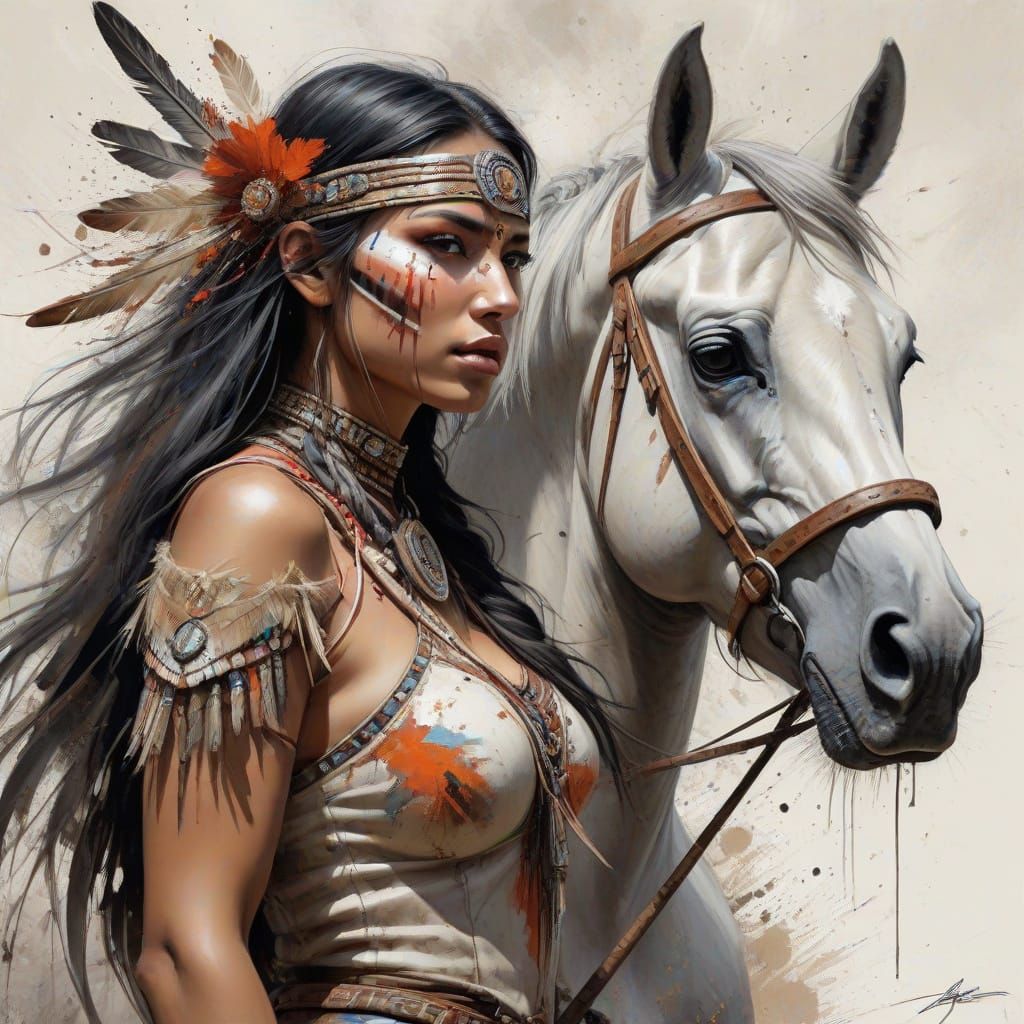 Native American Warrior Woman on Horseback Expressionist Ske...
