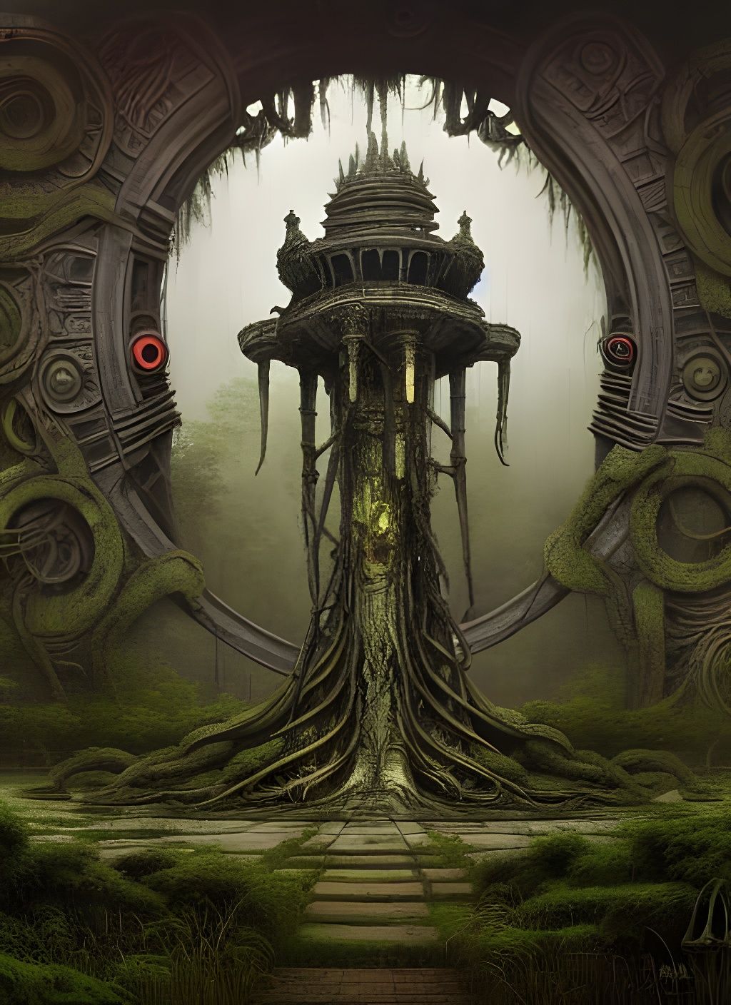 Overgrown Alien Temple in Biomechanical Surreal Horror Style