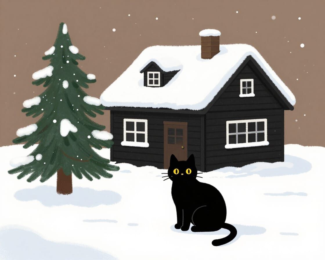 Black Cat Sits Before Snowy House in Digital Art Style