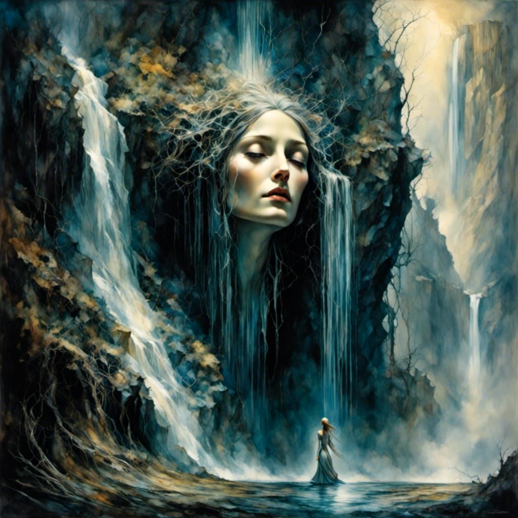 Magical Woman Under Waterfall in Surreal Style