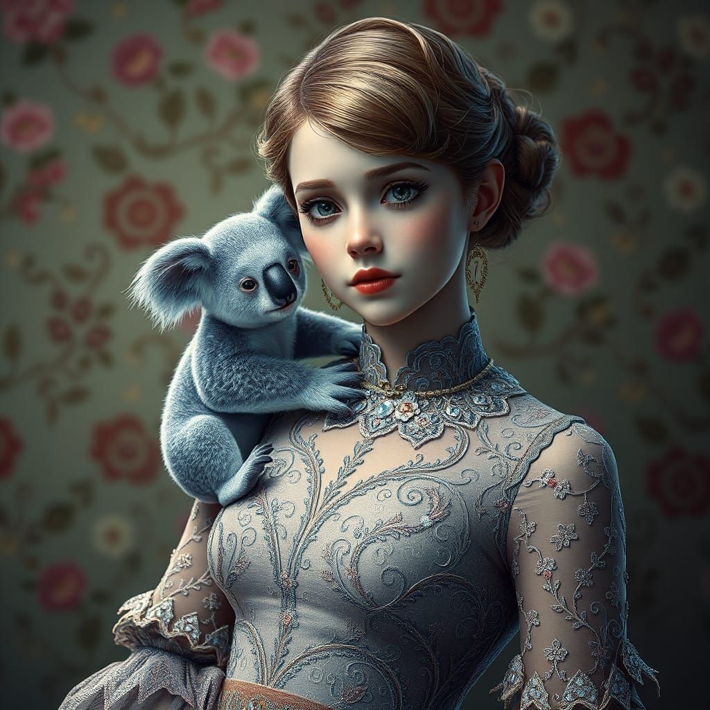 Eleven with Koala in Ornate Dress, Digital Art