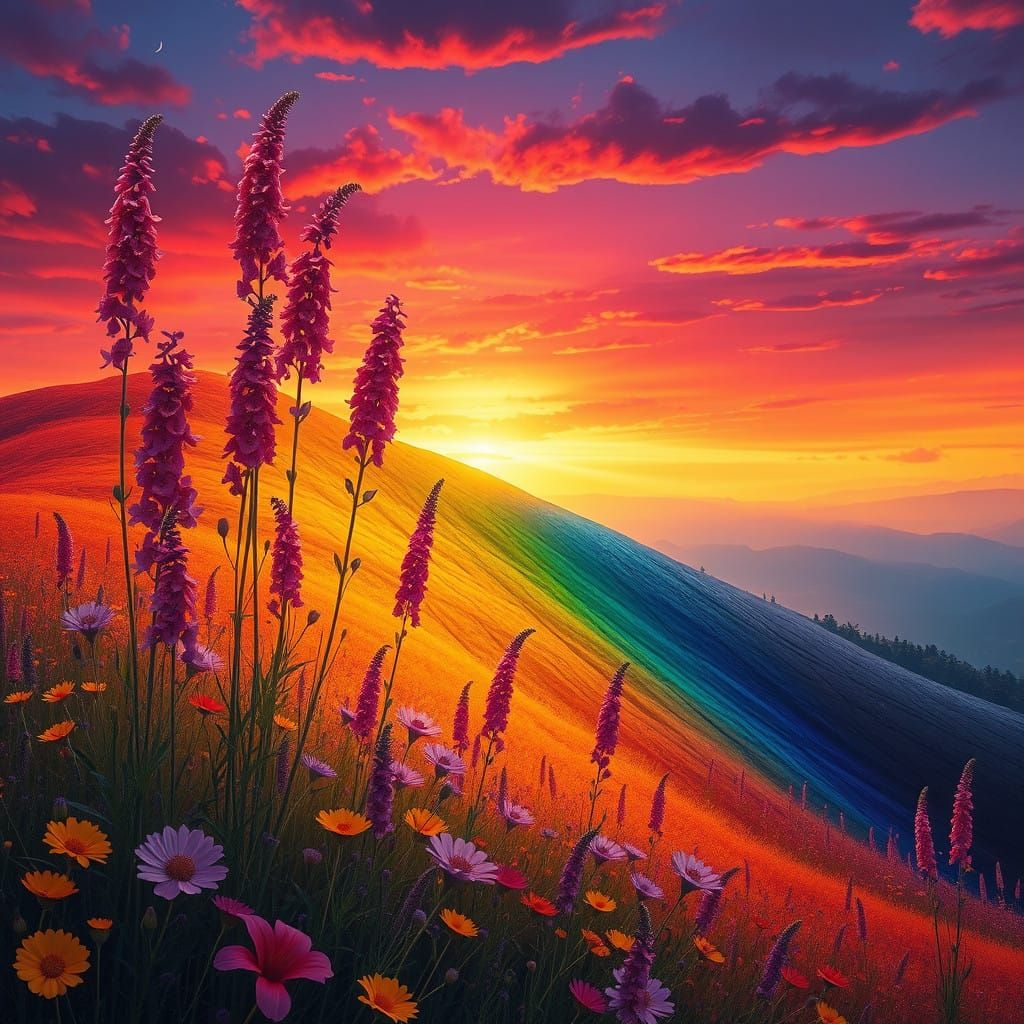 Ethereal Sunset Hillside in Vibrant Colors