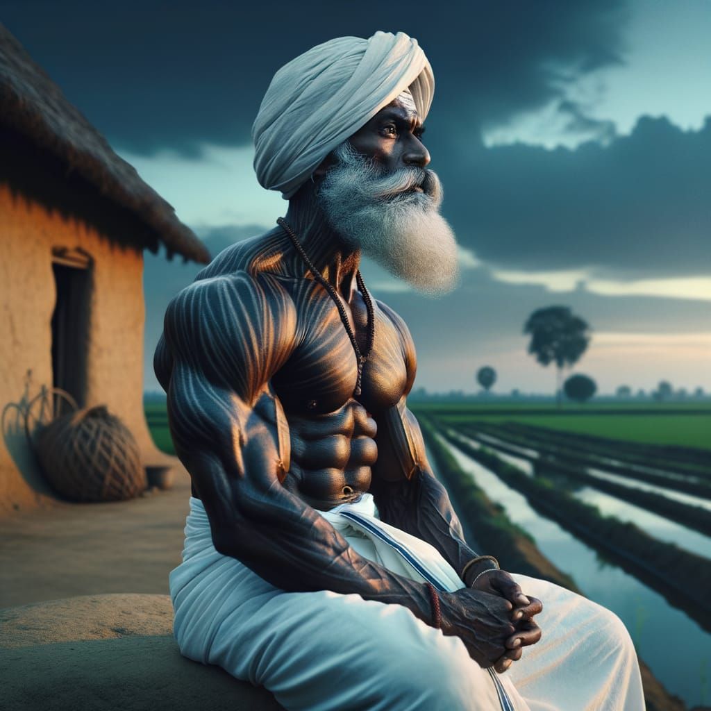 Muscular Farmer Contemplates Horizon in Quiet Village