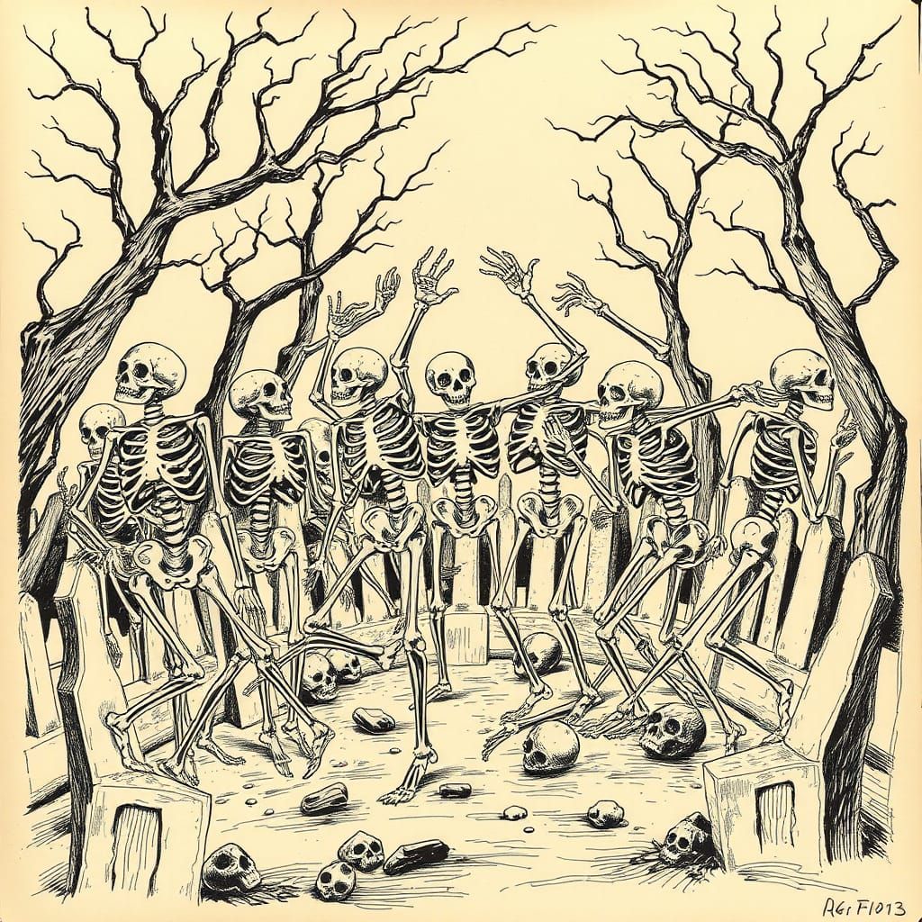 Dancing Skeletons: A German Expressionist Ink Sketch