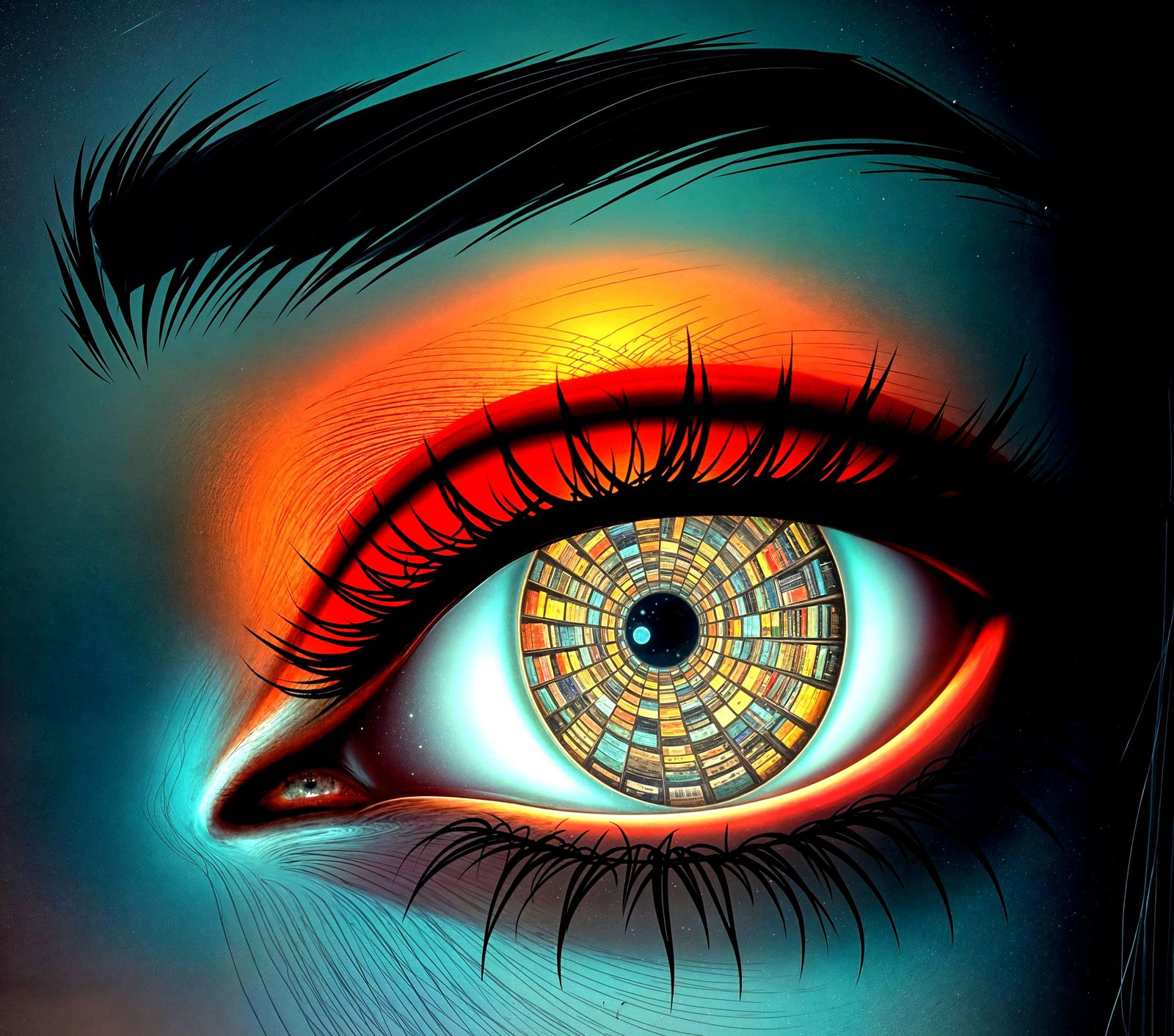 Bioluminescent Library Reflected in Eye: Surreal Hyperrealis...