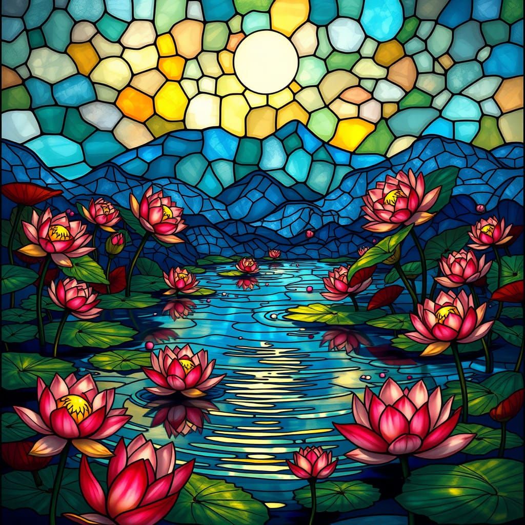 Dreamlike Stained Glass Landscape in Hyperrealistic Style