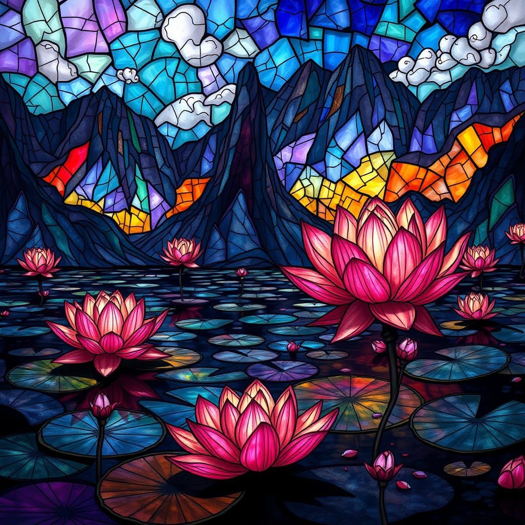 Stained Glass Lotus Lake Landscape in Vibrant Digital Art