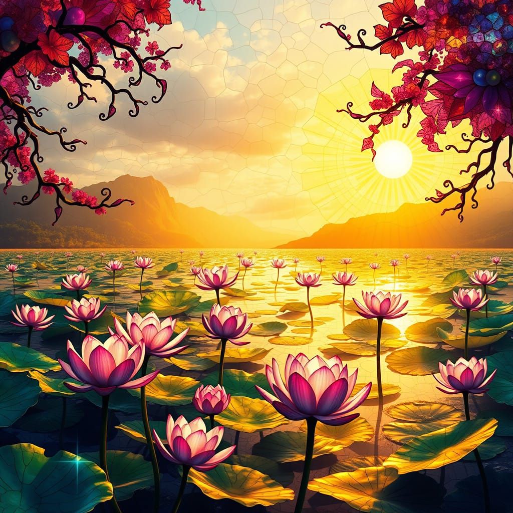 Lotus Lake Elegance in Stained Glass