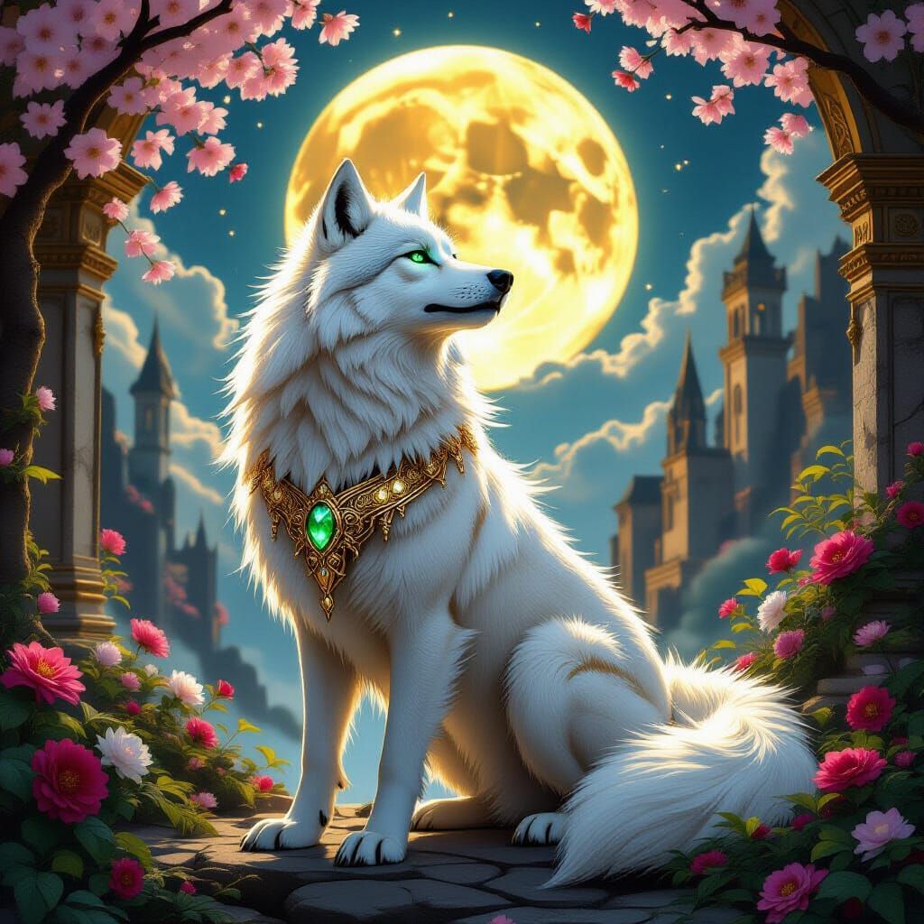 Fierce White Wolf Howling at Moon with Jeweled Fur