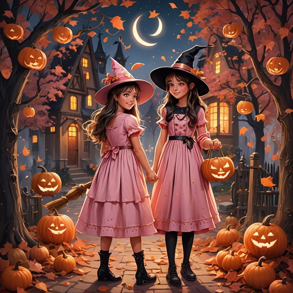 Whimsical Young Witch on Halloween Night